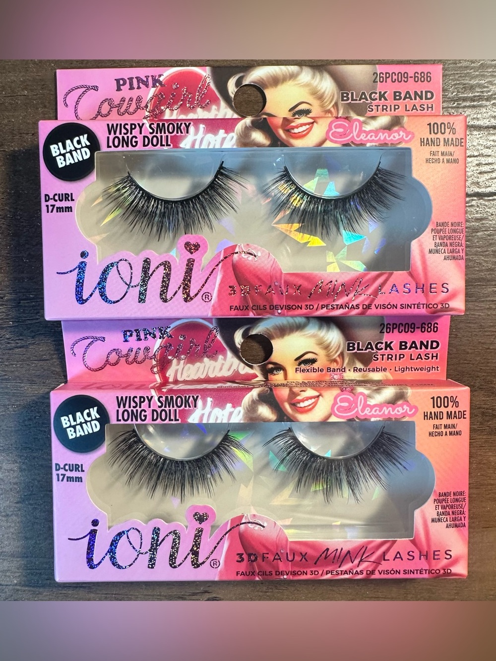 Ioni Pink Cowgirl 3D Faux Mink Lashes ELEANOR~Wispy Smoky Long Doll~Blk Band 2pk